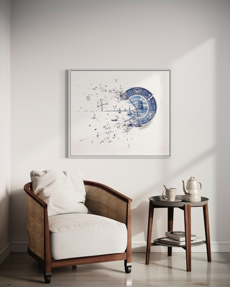 "Fragmented in Blue with Windmills and Ships"