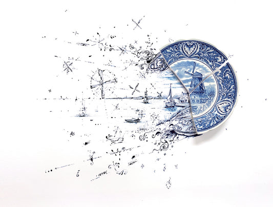 "Fragmented in Blue with Windmills and Ships"