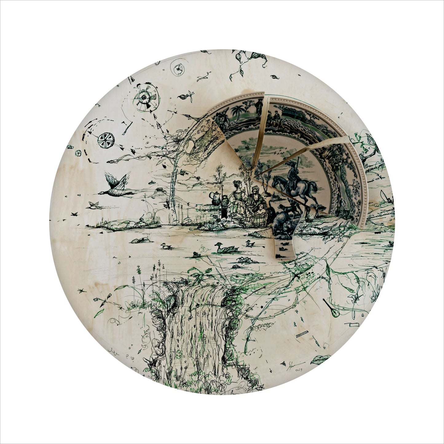 "Fragmented in Green with Geese and Wheels"