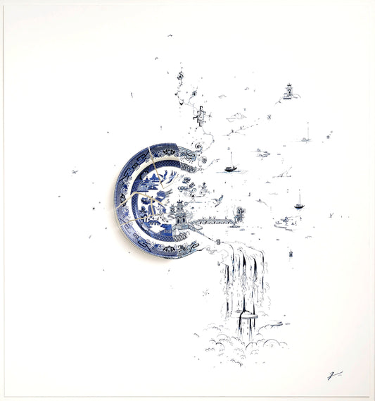 "Fragmented in Blue with Waterfall and Boats"