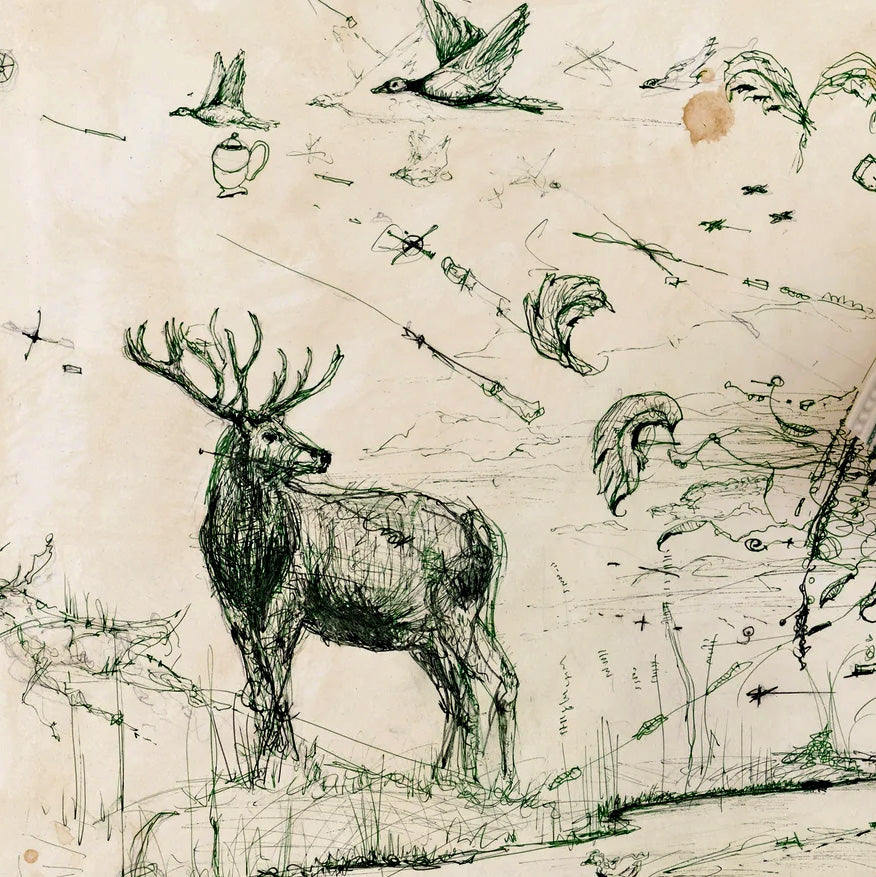 "Fragmented in Green with Stag and Stream"