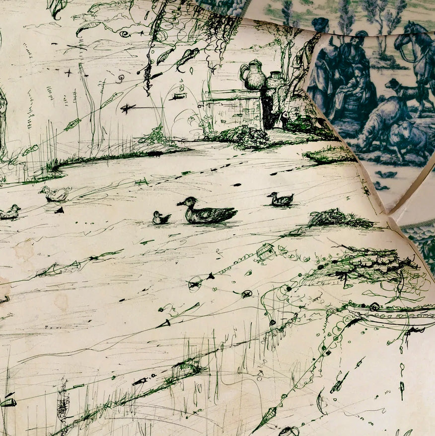 "Fragmented in Green with Stag and Stream"