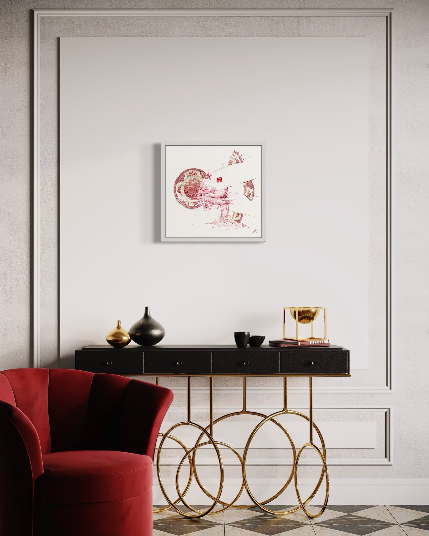 "Fragmented in Red with Castle and Ship"