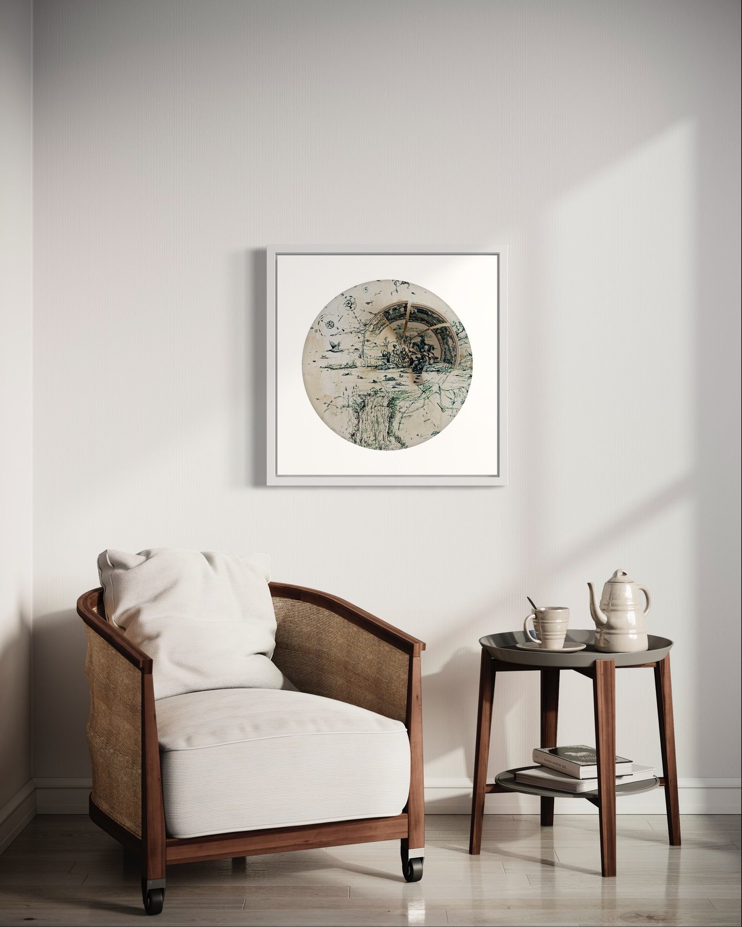 "Fragmented in Green with Geese and Wheels"