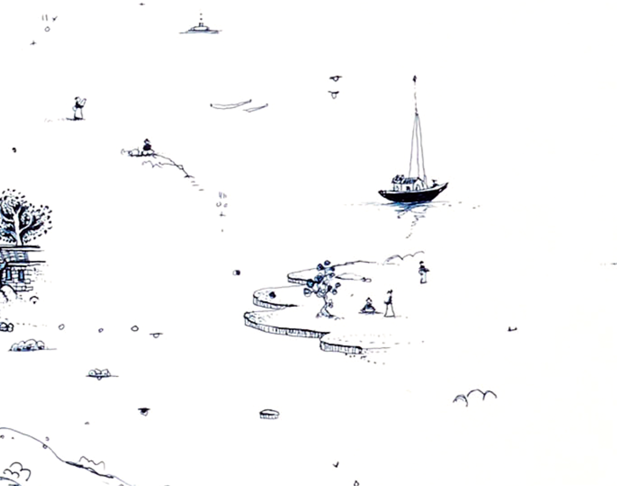 "Fragmented in Blue with Waterfall and Boats"
