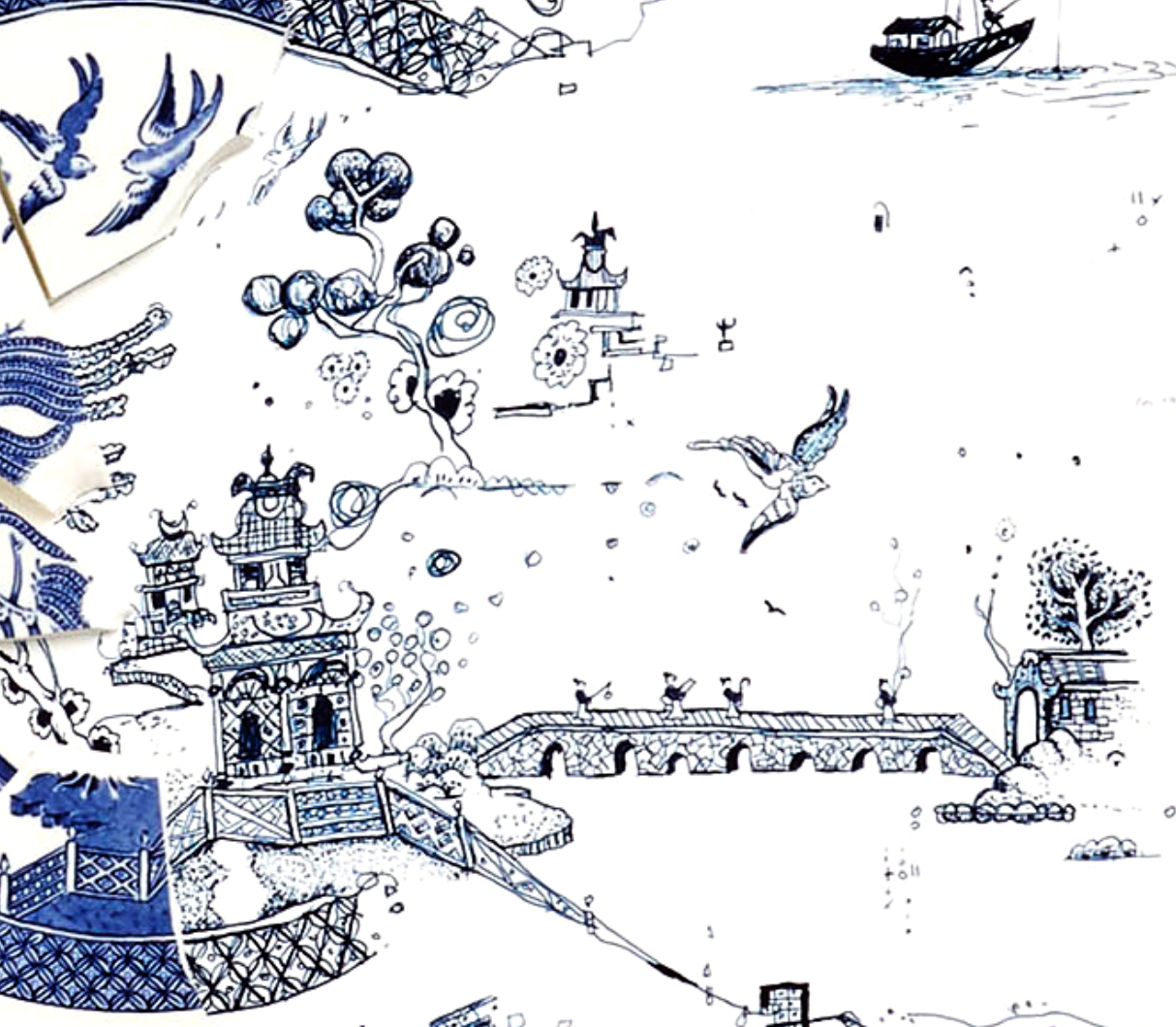 "Fragmented in Blue with Waterfall and Boats"
