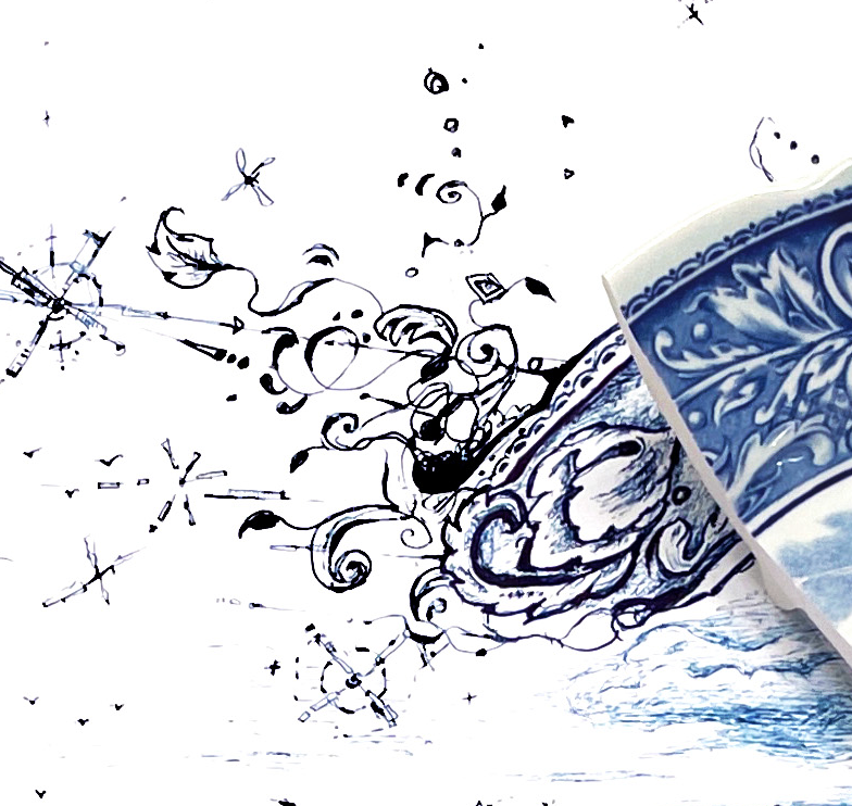 "Fragmented in Blue with Windmills and Ships"