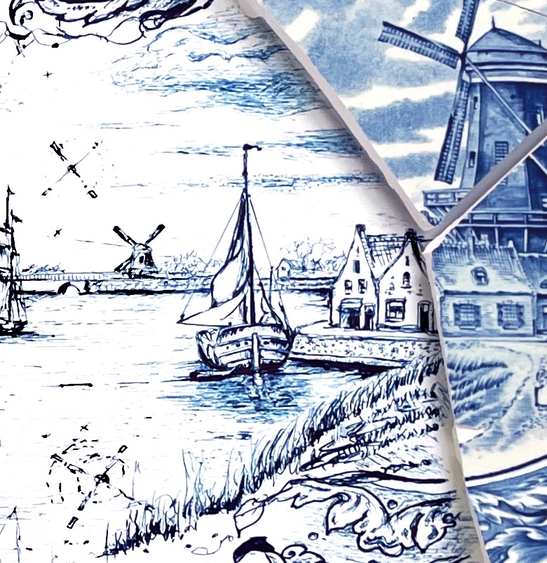 "Fragmented in Blue with Windmills and Ships"