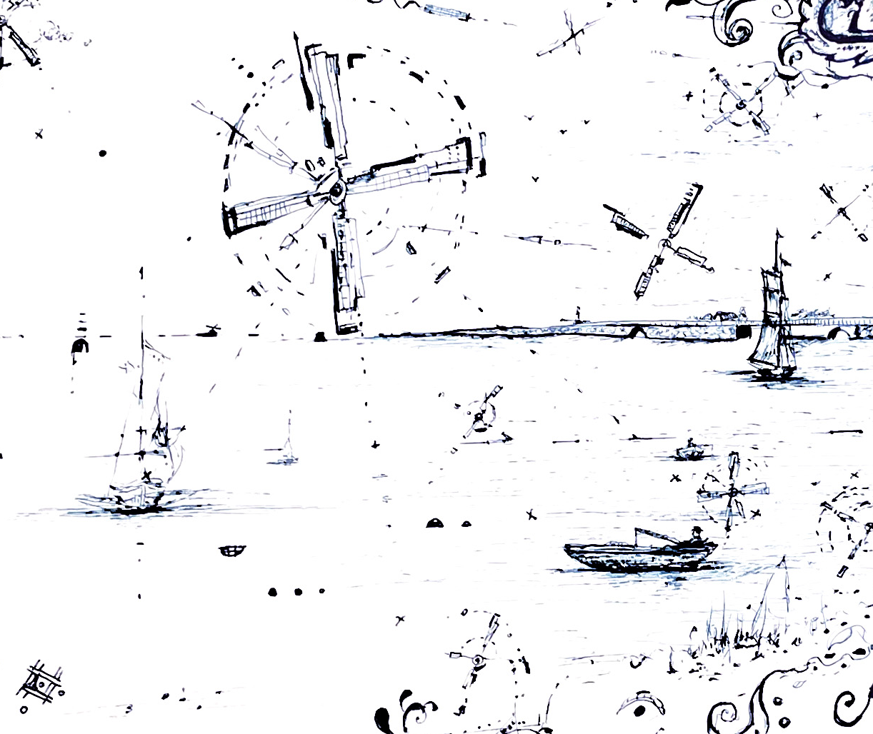 "Fragmented in Blue with Windmills and Ships"