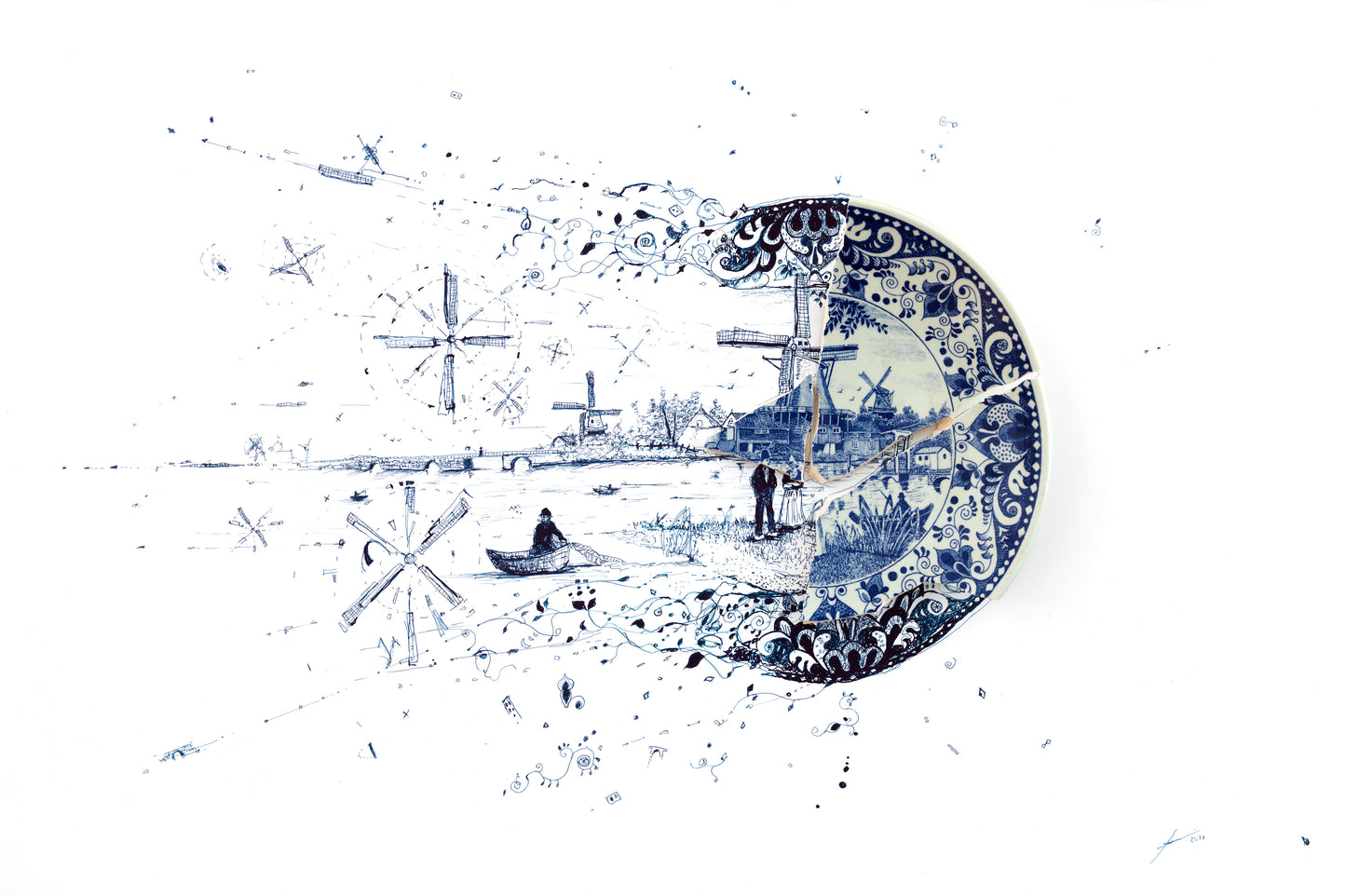 "Fragmented in Blue with Windmills"