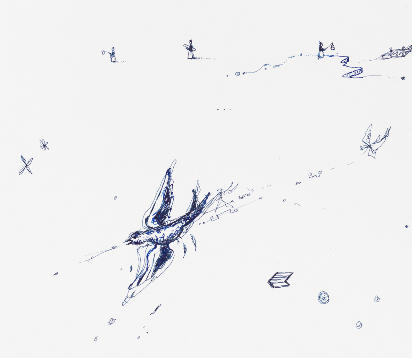 "Fragmented in Blue with Birds and Kites"