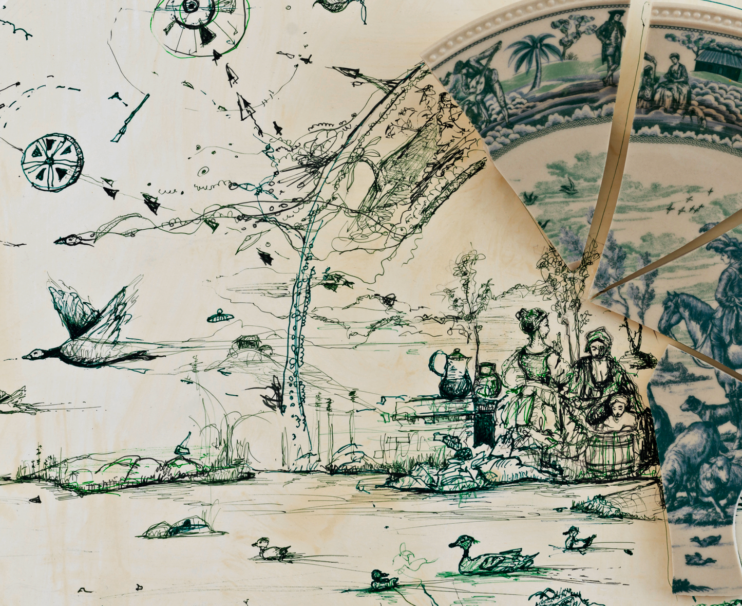 "Fragmented in Green with Geese and Wheels"
