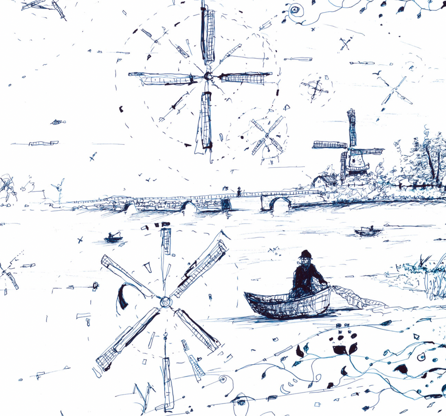 "Fragmented in Blue with Windmills"