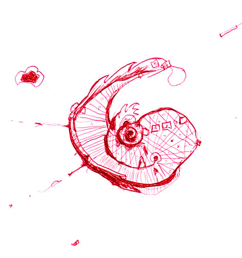 "Fragmented in Red with Spiral"