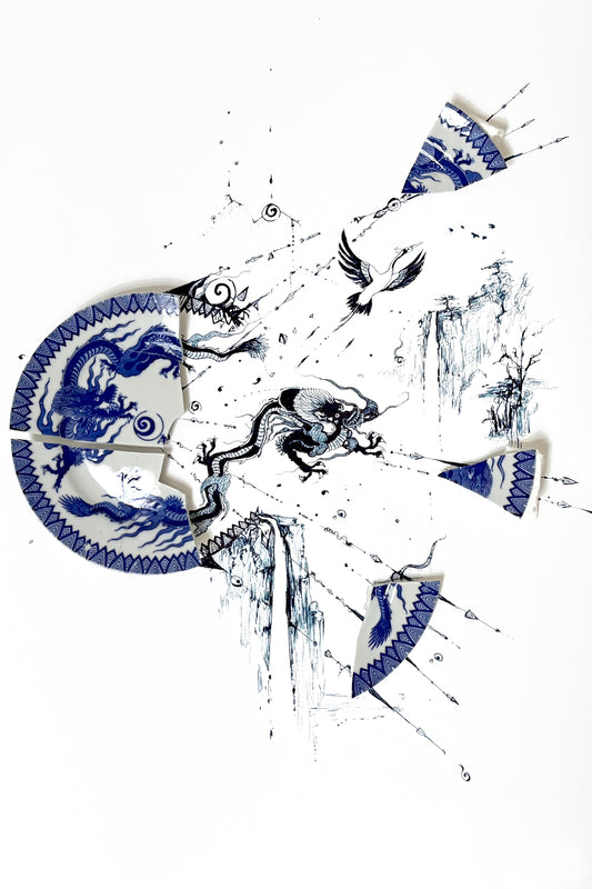 NEW: Signed Limited Edition Print of "Fragmented in Blue with Dragons and Crane"