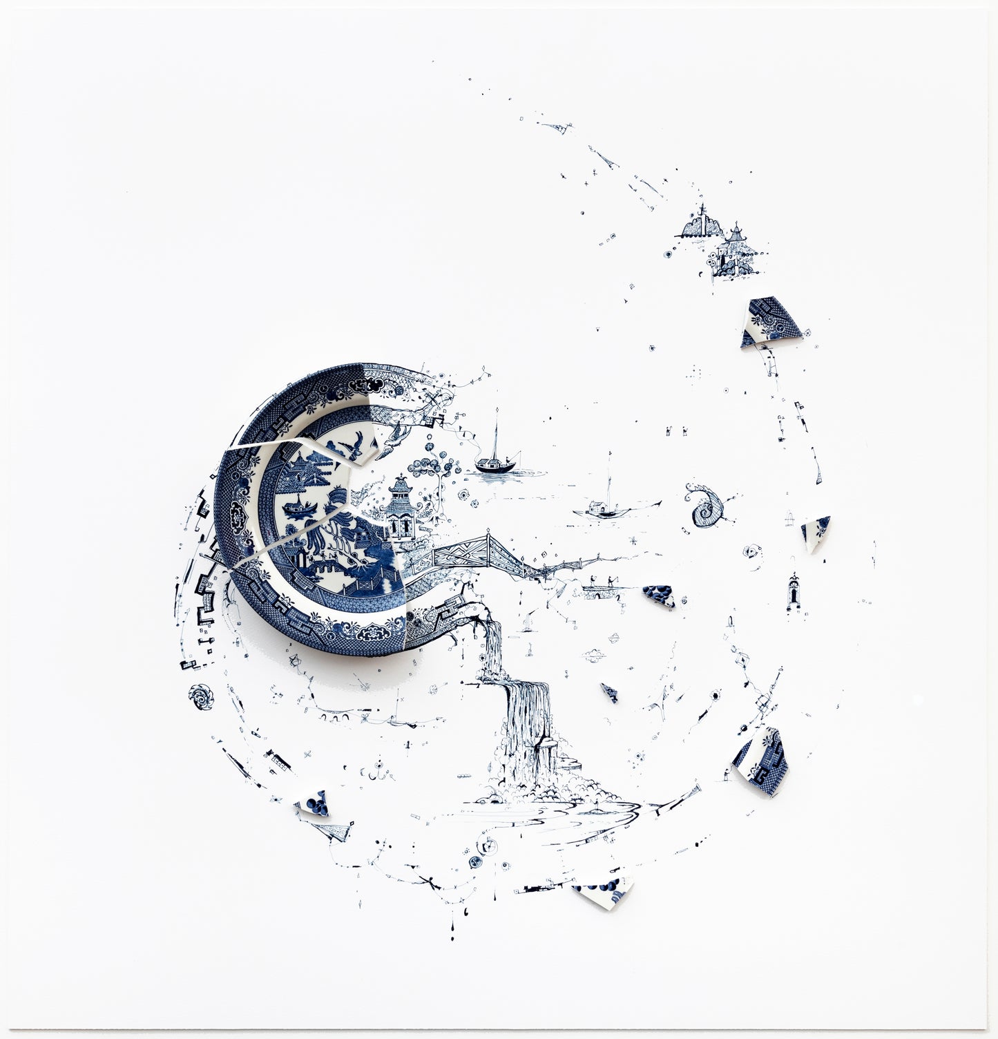 "Fragmented in Blue with Spiral and Waterfalls”