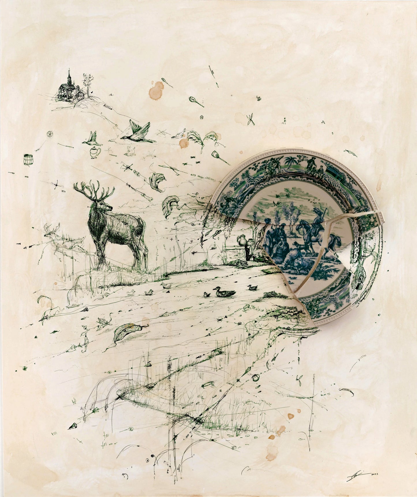 "Fragmented in Green with Stag and Stream"