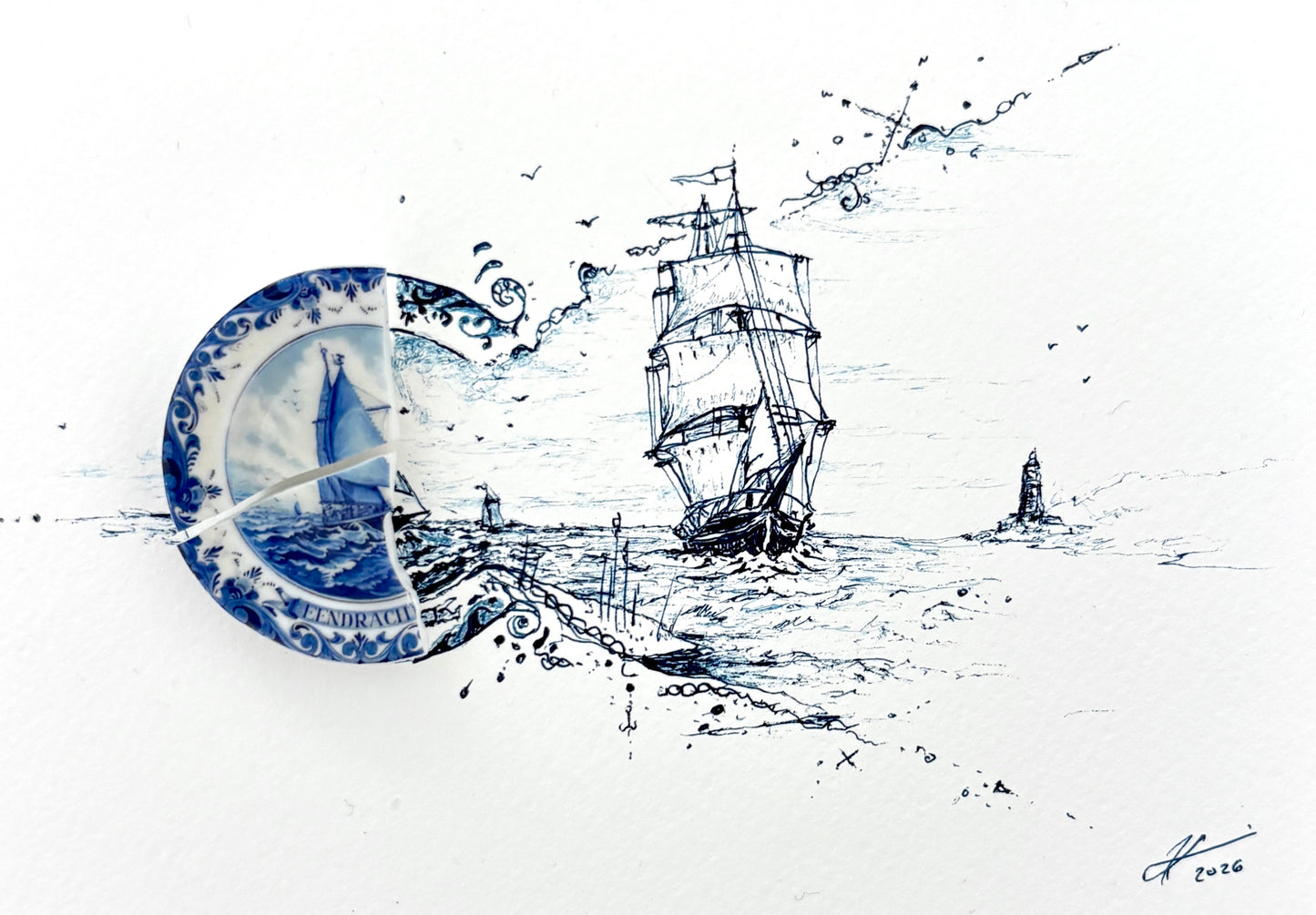 "Sailing Ships with Lighthouse and Compass"