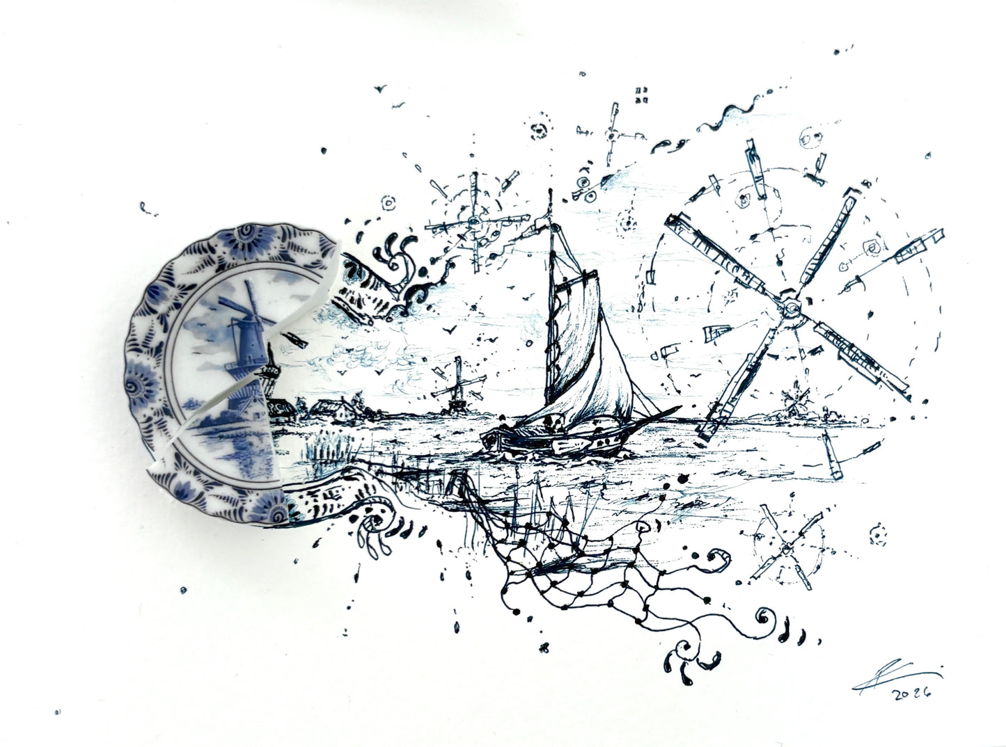 "Fragmented in Blue with Windmills, Nets and Sailboats"