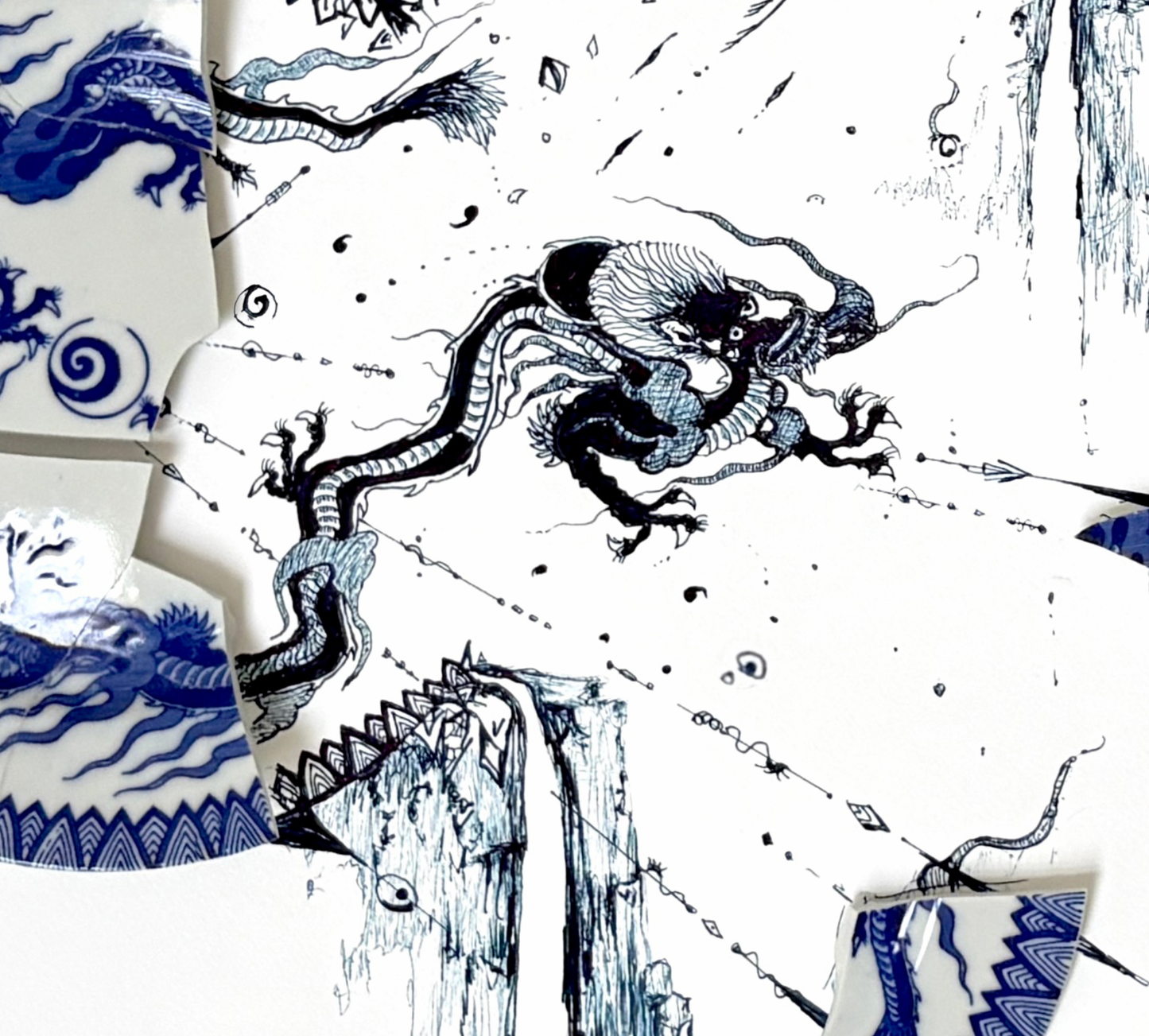 NEW: Signed Limited Edition Print of "Fragmented in Blue with Dragons and Crane"